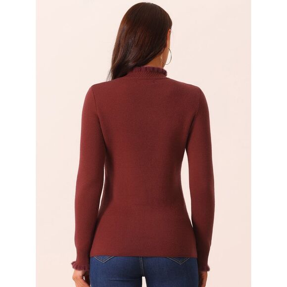 Fall Winter Fluffy Lined Long Sleeve Ribbed Knit Slim Fit Casual Top Wine Red - Picture 4 of 5